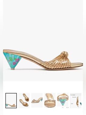 New kate spade Gold Metallic Knotted Tiki Sandals with Turquoise Floral Heel 6.5